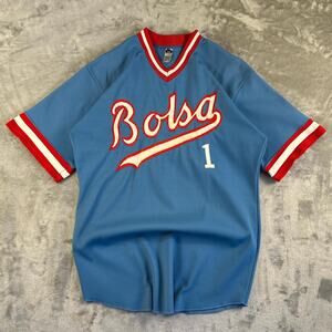 Vintage Bolsa Baseball Jersey Mens Size 40 Blue Red Script 1 Sand Knit USA
